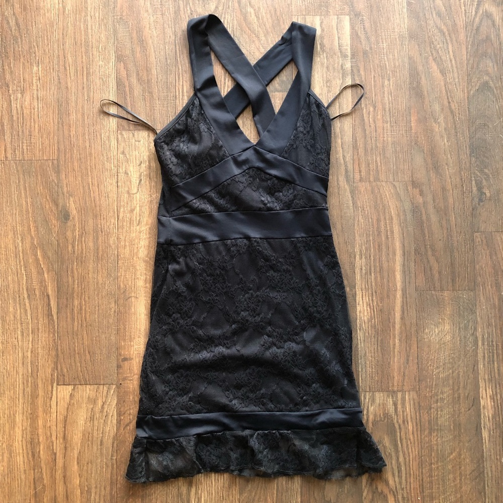 Black H&M V-Neck Lace pattern Mini Dress with Criss-cross Back - Small
